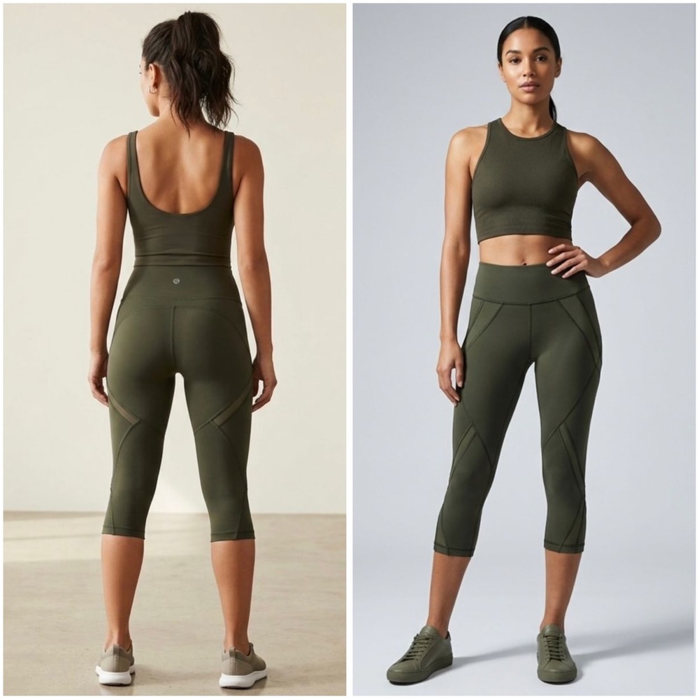 Lululemon Tight Stuff Crop II Dark Olive Green Mesh Running Tights Yoga Size 2
